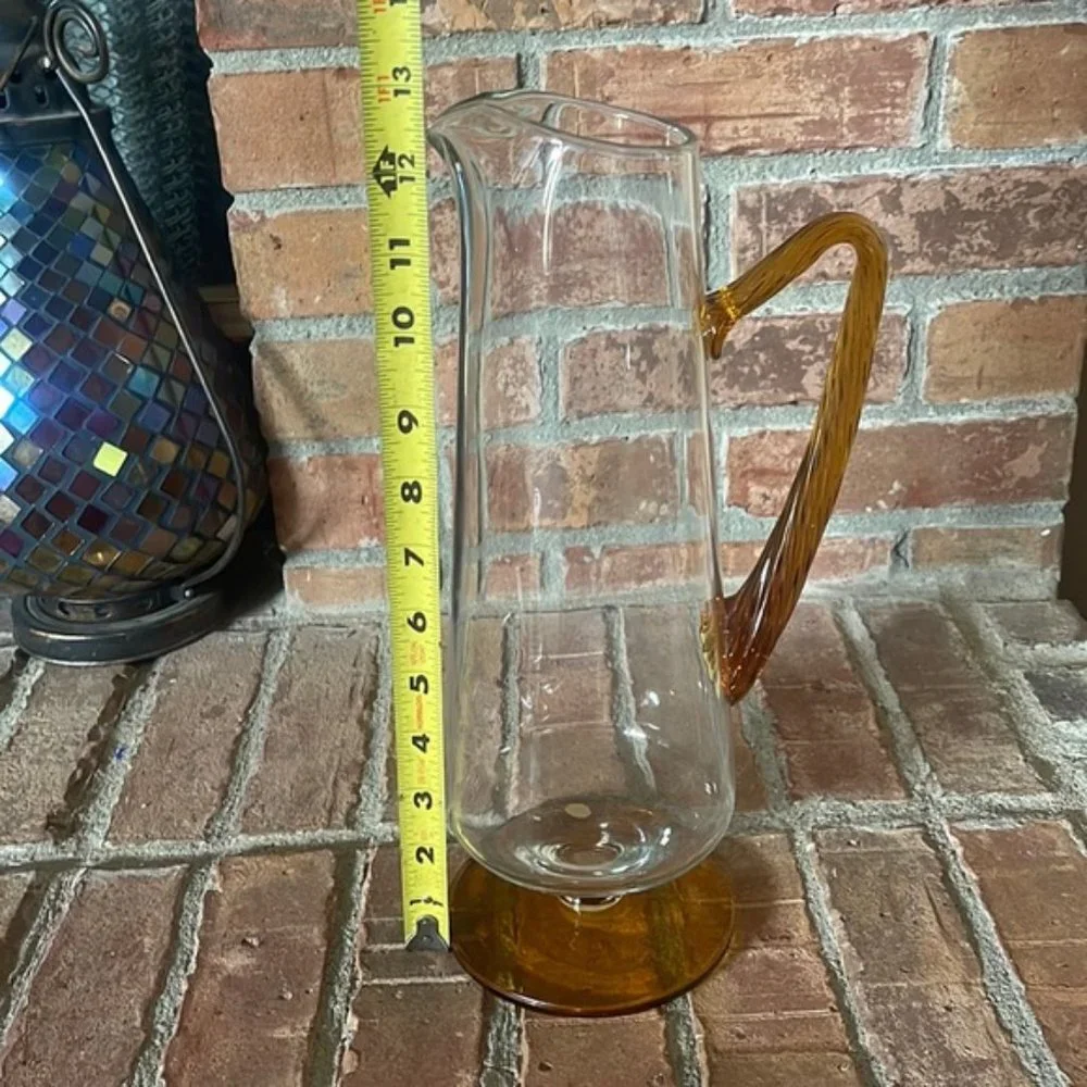 Stunning MCM Mid-Century Tall Pitcher w/ Amber Applied Glass Handle & 4 Glasses